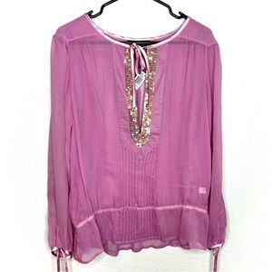 NWT Silk Orchid Pink Sheer Sequin peasant Top Blouse